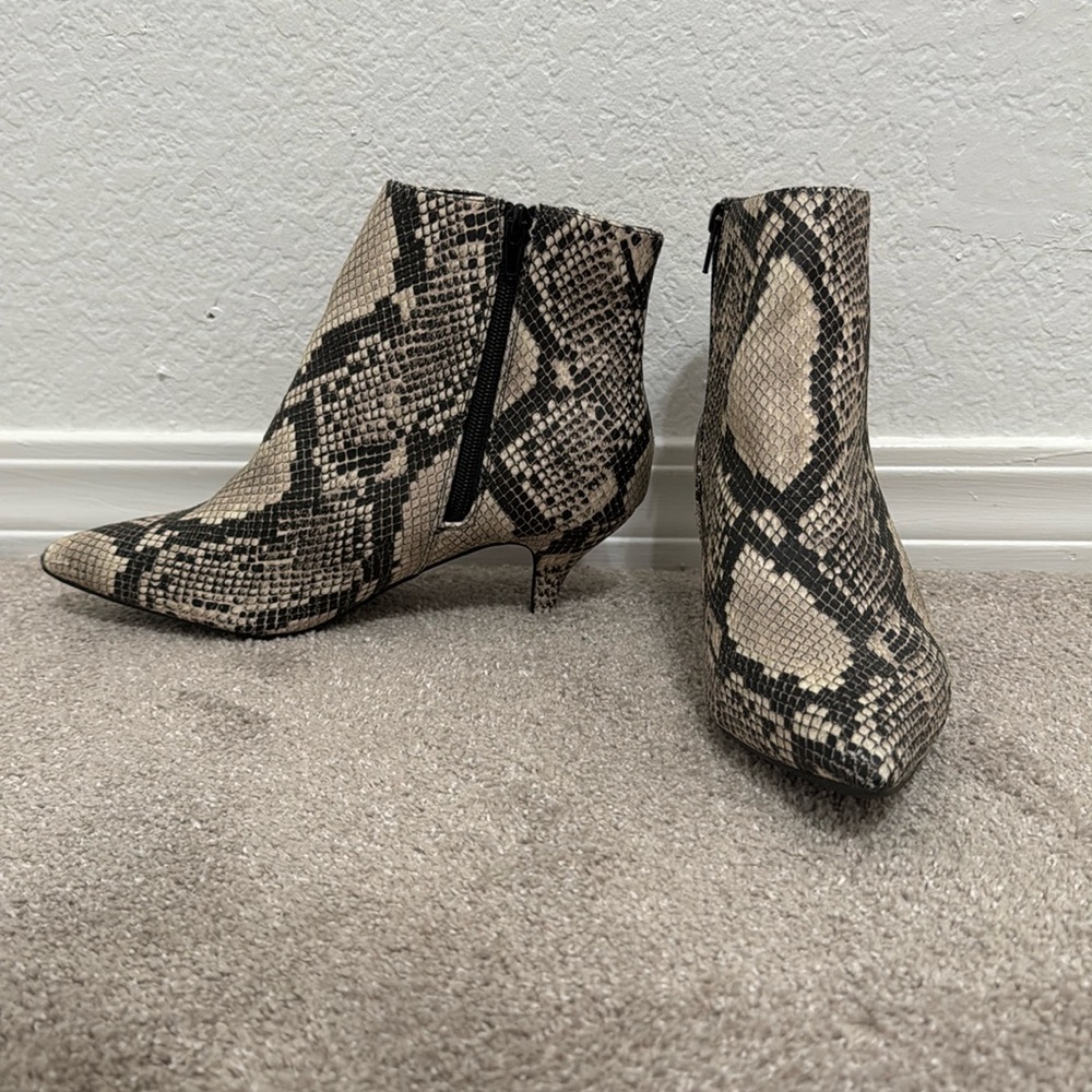 Women’s snake skin kitten heel booties